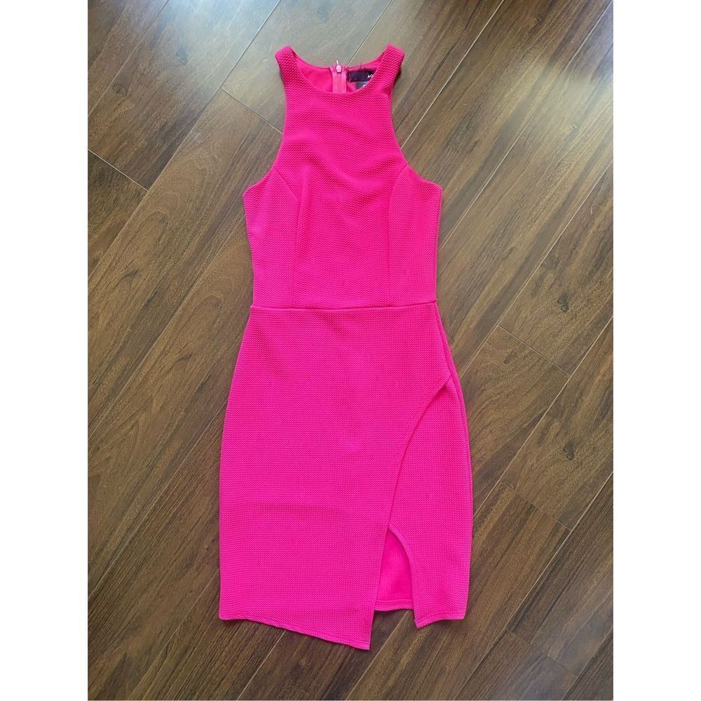 AQUA XS pink high neck bodycon slit mini dress